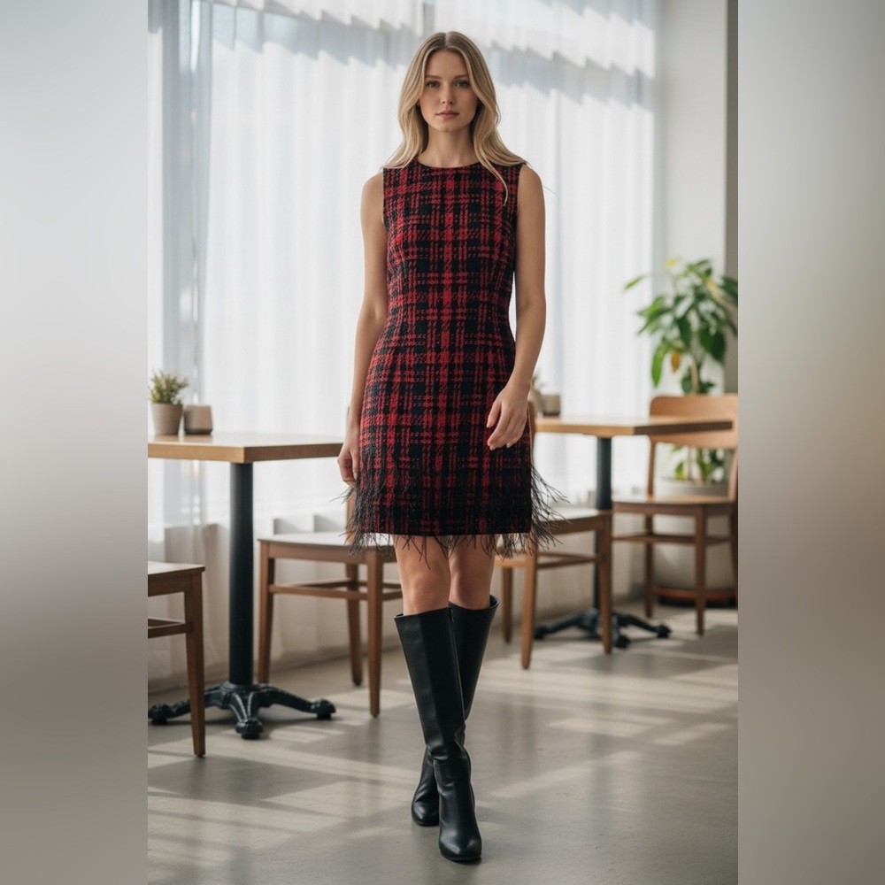 Antonio Melani Dress Women's Size 6 Red Black Plaid Feather Trim